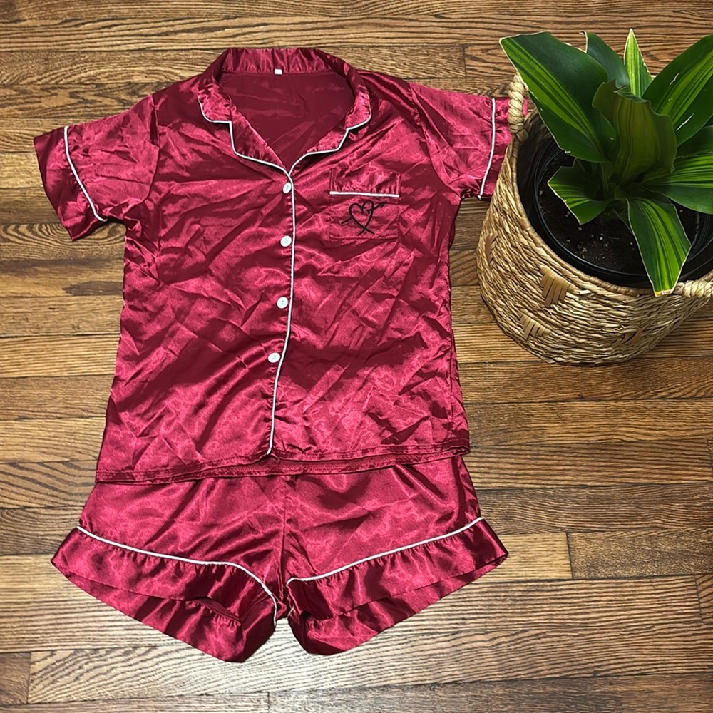 Silky Red Short Pajama Set with Heart Embroidery